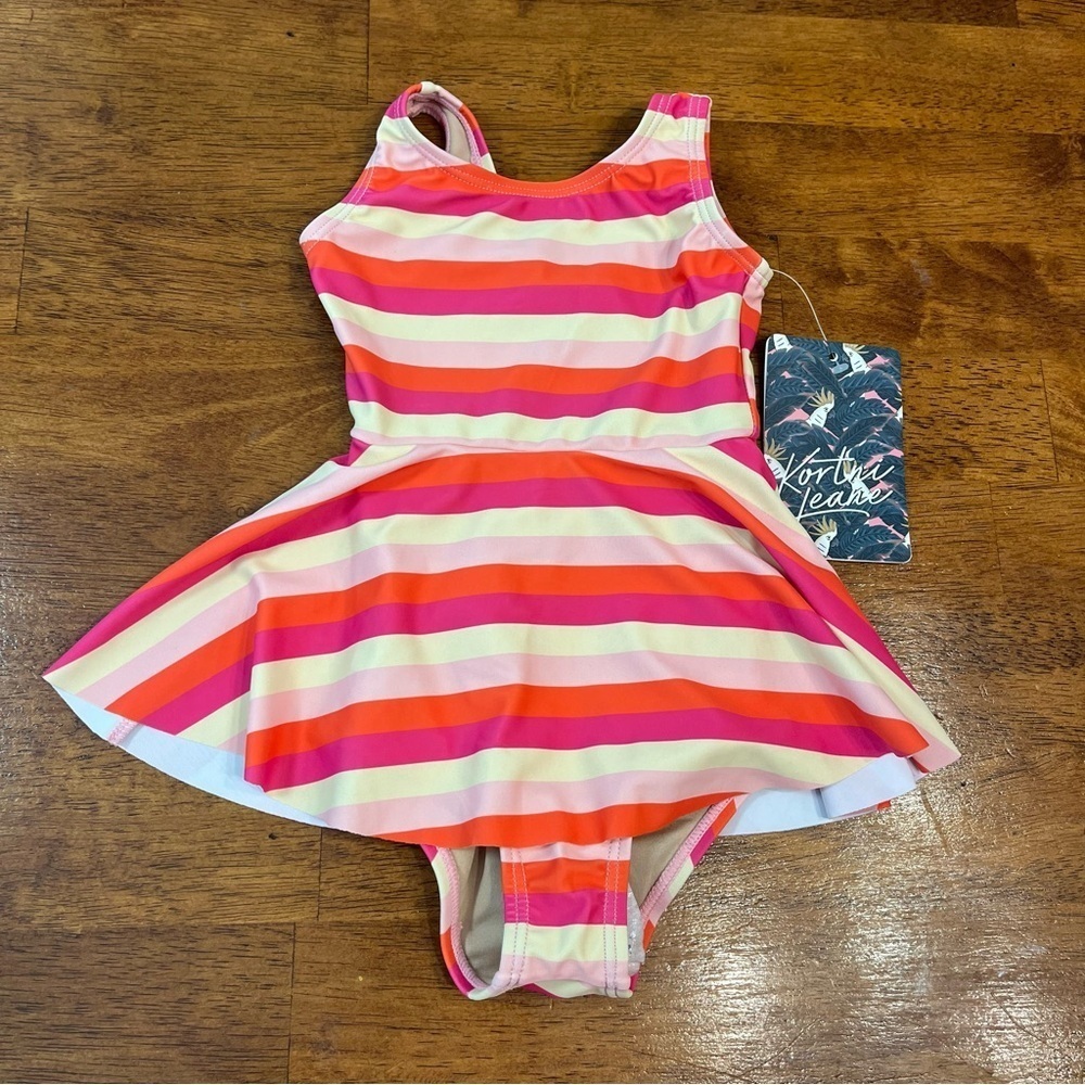 NWT Kortni Jeane girls skirted orange pink cream striped swimsuit size 6M